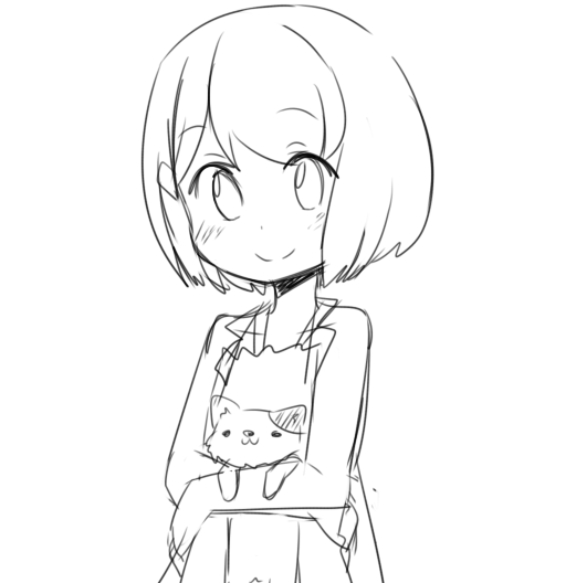 A sketch of an anime girl, holding a cat